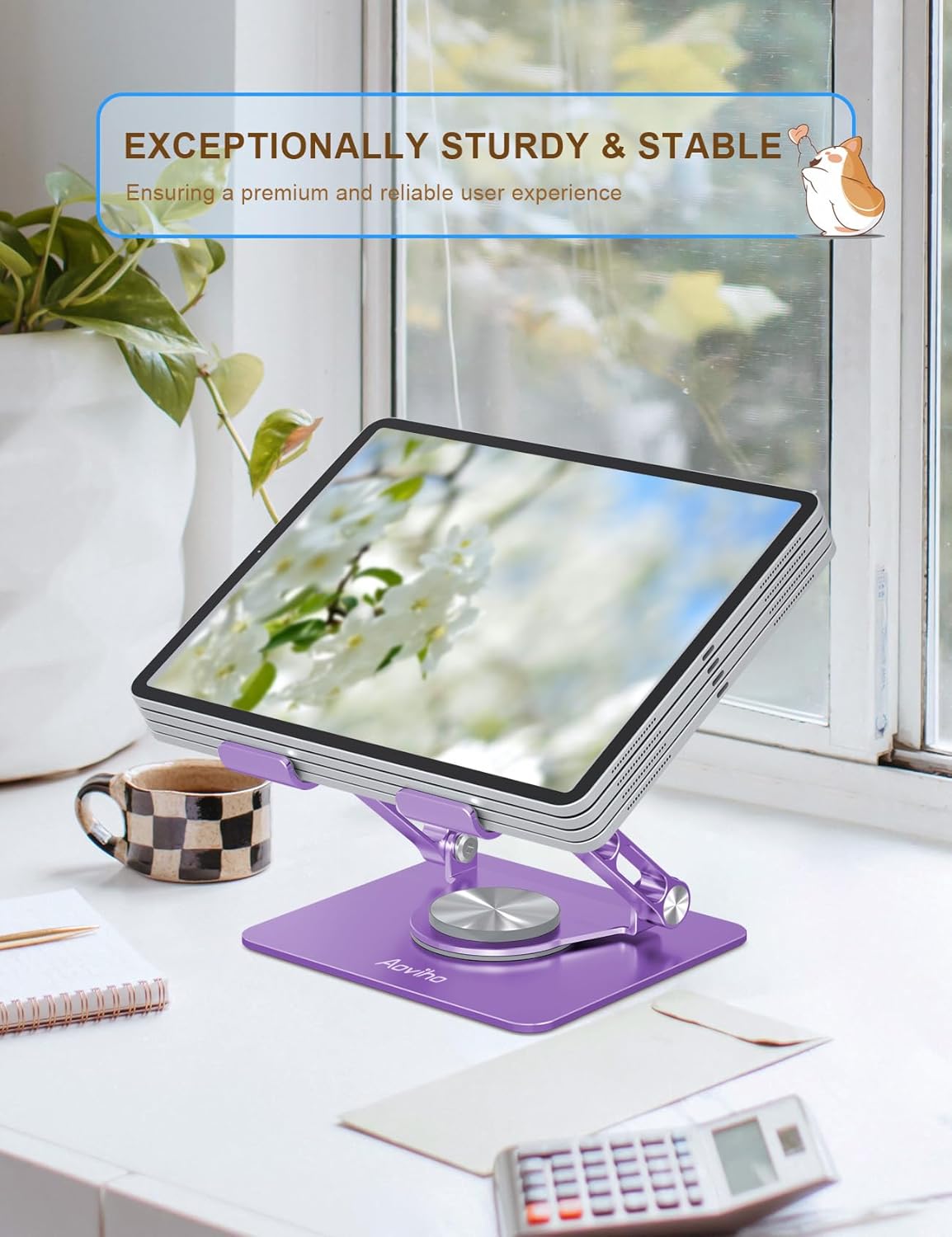 Tablet Stand 360° Rotating Aluminum Holder - Adjustable, Portable & Foldable Monitors Stand for iPads, Compatible with 4-13.3" Tablets, Purple