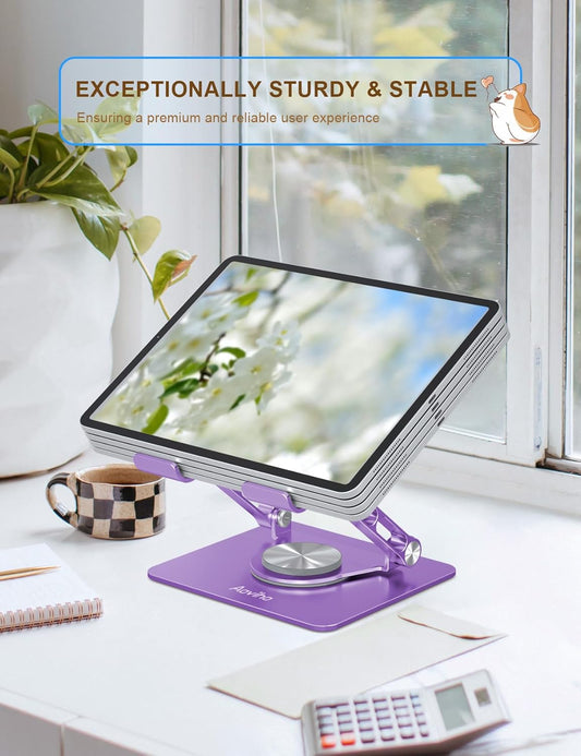 Tablet Stand 360° Rotating Aluminum Holder - Adjustable, Portable & Foldable Monitors Stand for iPads, Compatible with 4-13.3" Tablets, Purple