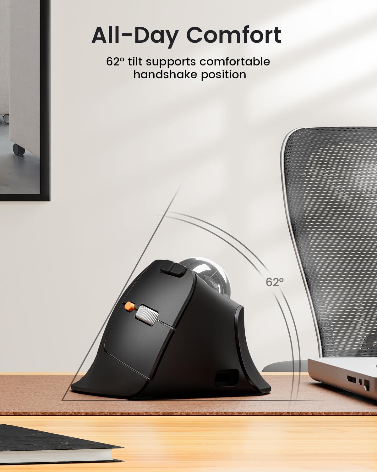 ProtoArc Vertical Wireless Trackball Mouse, EM05 NL Bluetooth Ergonomic Rollerball Mouse Rechargeable Computer Laptop Thumb Mice, 3 Device Connection, Compatible with iPad, Mac, Windows, PC-Silver