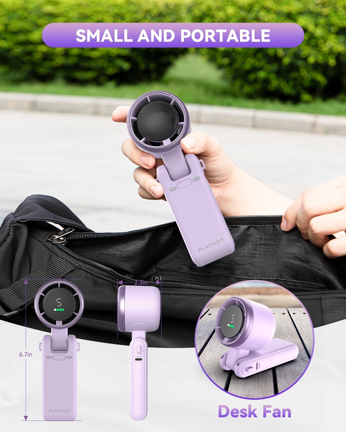 Portable Handheld Turbo Fan, 5-Speed Personal Fans, 5000mAh Rechargeable Fans Up to 12 Hours, Weight only 0.6lb Small Fan, Hand/Neck/Desk Fan 3 IN 1, Beach Vacation Essentials(Purple)