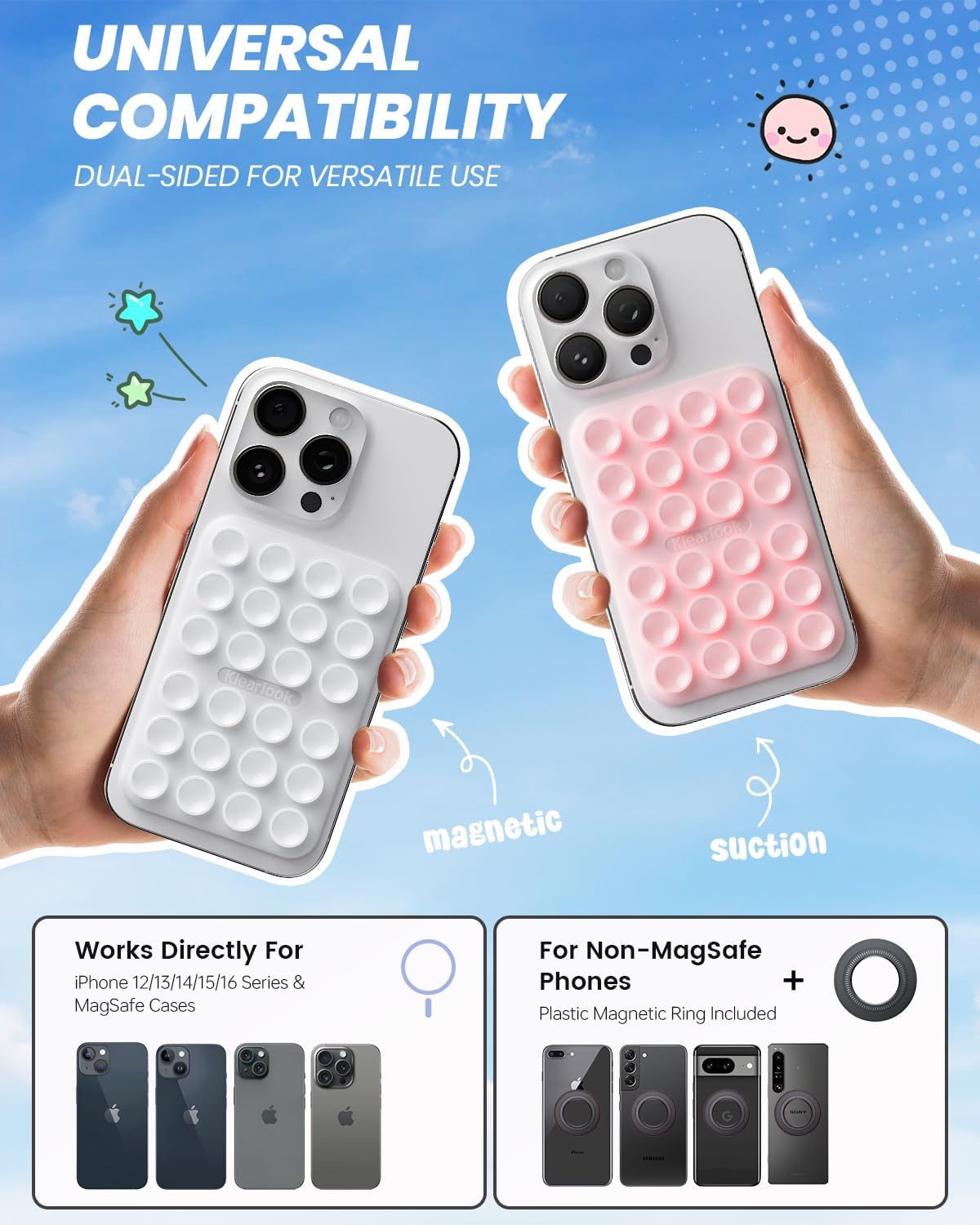 2Pack Magnetic Suction Phone Mount for MagSafe Case, Sticky Phone Grip Holder for iPhone, Removable Hands-Free Selfie/Video for TikTok Influencers, Women Girl Teen Gift, Light Pink & Classic White