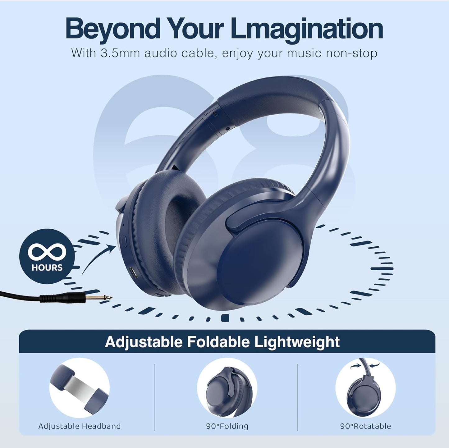 MIDOLA Bluetooth Headphones Over Ear 68H Playtime 6 EQ Wireless Headset with Microphone HiFi Stereo Foldable Lightweight Deep Bass for Travel Home Office Cellphone Blue