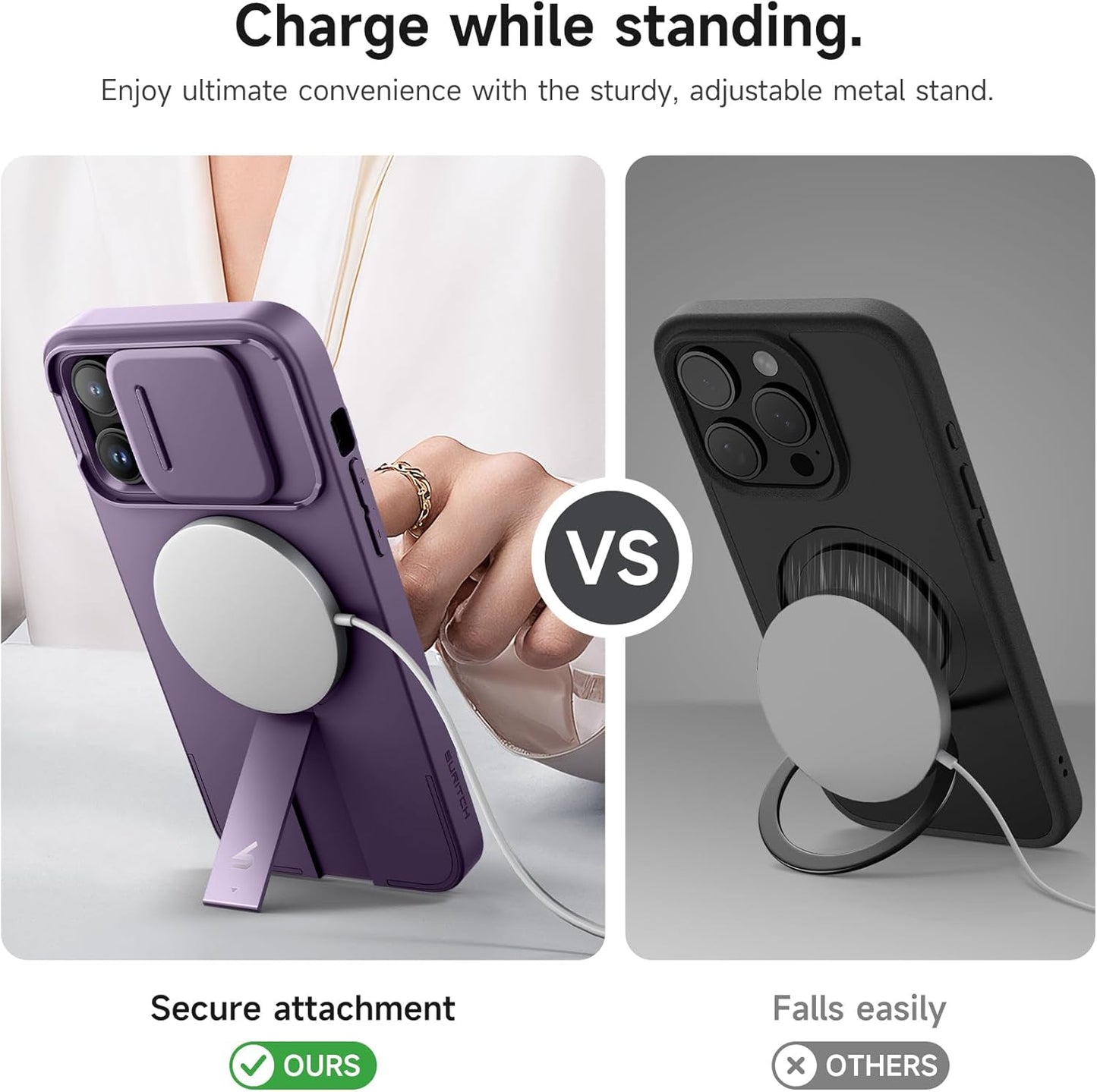 SURITCH for iPhone 14 Pro Max Case with Magnetic Camera Slide Cover and Adjustable Kickstand, Compatible with MagSafe, Shockproof Bumper Case Slim Protective Cover 6.7 Inch, Dark Purple