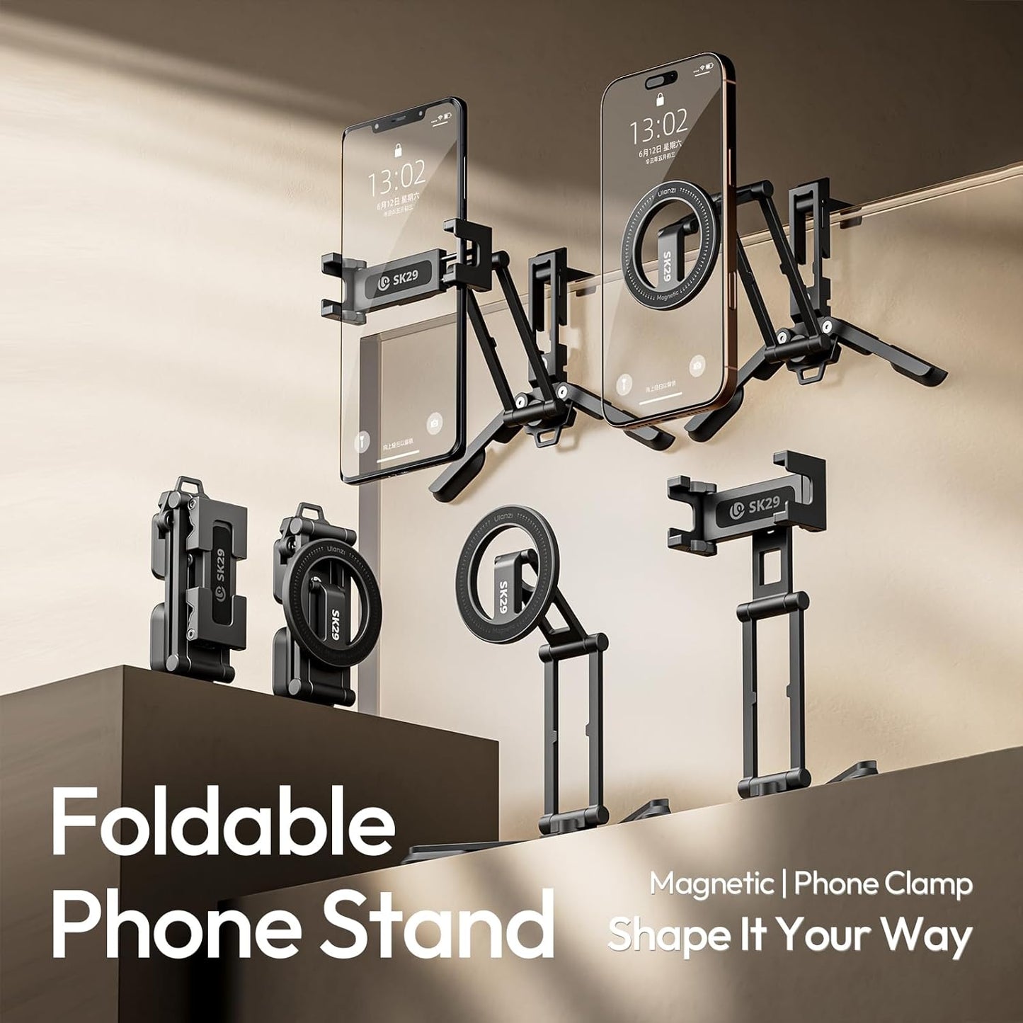 ULANZI Magnetic Phone Tripod Stand, Foldable Mini Tripod with MagSafe Phone Holder & Cold Shoe Mount, Camera Adapter with 1/4”, Arca, Uka QR Base, for DJI Canon Nikon, iPhone 17/16/15/14/13/12 Series