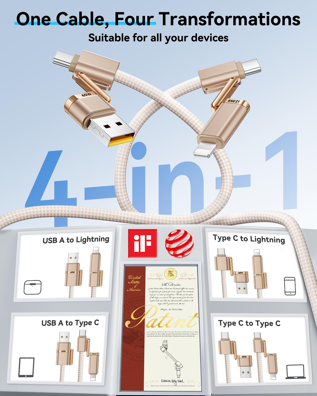 SHEZI 4-in-1 Compatible with USB C to Lightning Cable 60W Fast Charging &Data Transfer, Support to CarPlay & Android Auto,5FT Multi Cords Charger Combo for iPhone/iPad/Samsung/MacBook Cable, Titanium