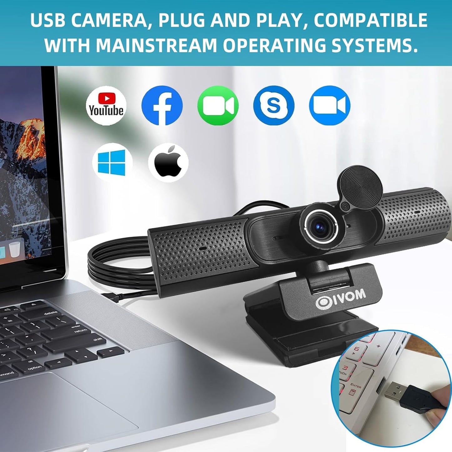 Webcam With Microphone and Speaker, 1080P Web Camera for Desktop Computer Laptop, USB With Physical Privacy Cover, Plug and Play, Streaming, Wide Angle 3 in 1