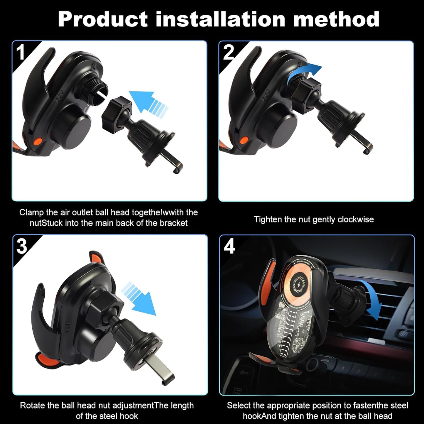 Wireless Car Charger, Cell Phone Car Mount 15W Fast Charging Auto Clamping for Car Vent Phone Holder Charger for iPhone 16 15 14 13 12 11 Pro Max, Glaxy S24 Ultra, LG, Google