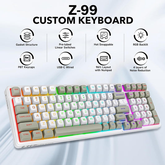 HUO JI Z-99 Wired Mechanical Keyboard, Creamy Sound, Hot Swappable Pre-lubed Linear Switches, Gasket Structure with Sound Dampening Foam, RGB Backlit, 99 Keys Custom Gaming Keyboard for PC/Mac,Gray