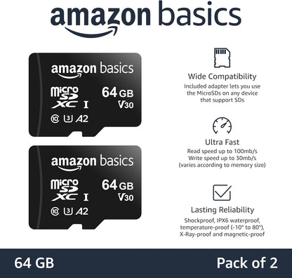 Amazon Basics MicroSDXC UHS-I Class 10 Memory Card with Full Size Adapter, A2, U3, V30, 4K, Read Speed up to 100 MB/s, 64 GB (2pack), for GoPro Cameras Storage, Black