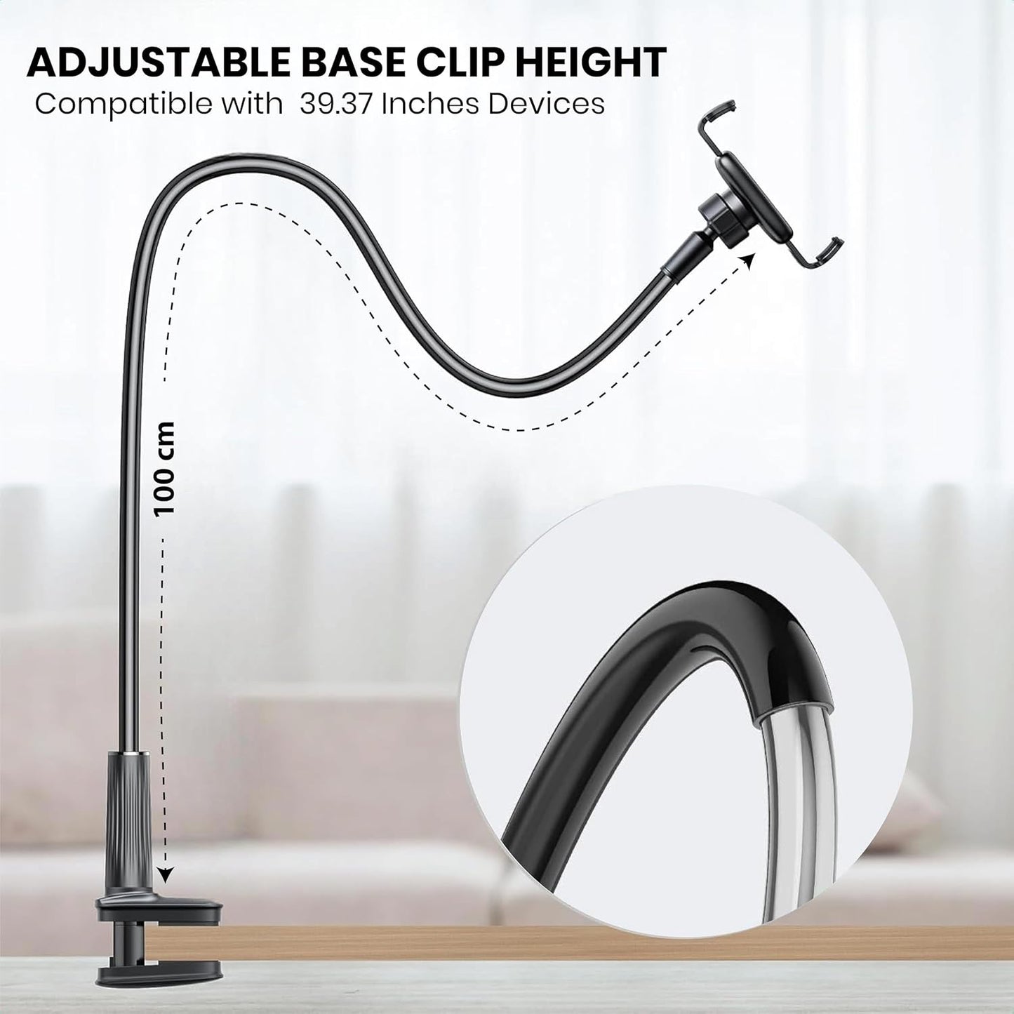 Adjustable 39in Phone & Tablet Holder – 360° Rotating Flexible Arm Mount for Bed & Desk, Universal Clamp Stand for Mobile Phones, Kindle, Galaxy Tabs, Fire Tablets, 4.7"–11" Devices