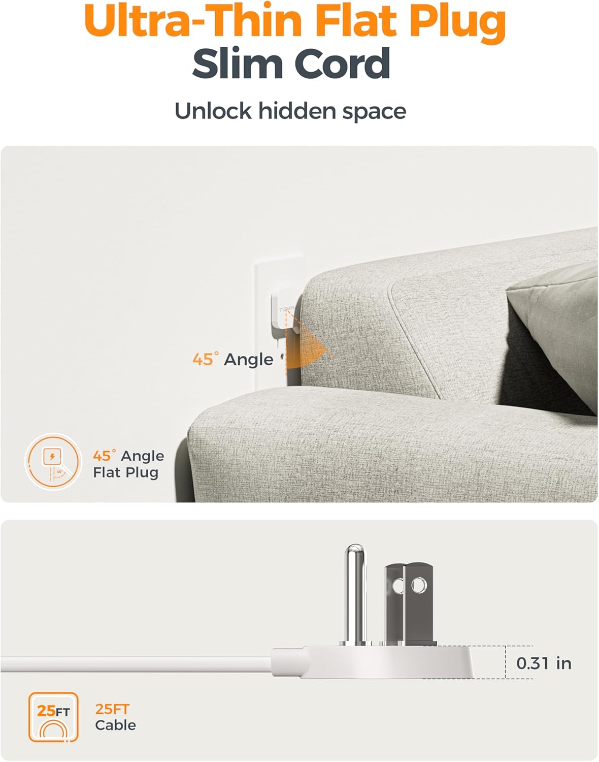 Flat Plug Extension Cord 25 ft, TESSAN Surge Protector Power Strip with 4 AC Outlets 1 USB C and 2 USB A Ports, 900 Joules Protection, Multiple Wall Outlet Extender for Home Office Dorm Essentials