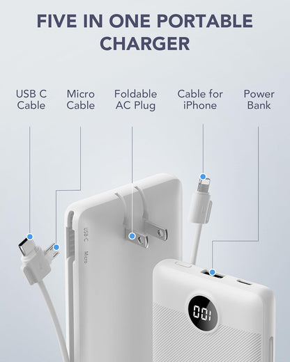 VRURC Portable Charger,Power Bank Built-in Cables and AC Wall Plug, USB C Portable Bank 10000mAh, Travel Essentials Phone Charger Compact External Battery Pack for Smart Phones, Tablets etc-White