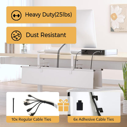 Under Desk Cable Management Tray - 28" Cord Organizer for Desk No Drill, Fabric Under Table Wire Organizer with 16X Cable Ties Hide for Office/Home, Cord Hider Fits Adapters & Sockets, White