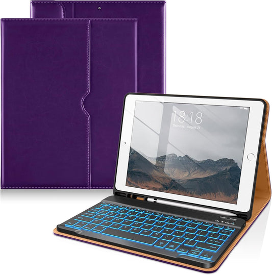 DTTO for iPad 9th/8th/7th Generation 10.2" Case 2021/2020/2019 with Keyboard, 7 Colors Backlit Wireless Detachable Keyboard Premium Leather Folio Cover with Pencil Holder & Pocket, Dark Purple