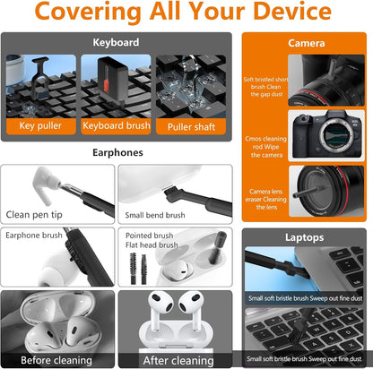 Cell Phone Cleaning Kit, iPhone Cleaning Kit for Charging Port Cleaner Keyboard Cleaning Kit for Airpods/Android/USB C/Earbuds/Laptop/iPad/Camera Lens with Stylus Pen, SIM Tool, Screen Brush(Black)