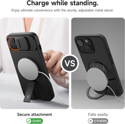 SURITCH for iPhone 14 Plus/15 Plus Case with Magnetic Camera Slide Cover and Adjustable Kickstand, Compatible with MagSafe, Shockproof Bumper Case Slim Protective Cover 6.7 Inch, Black