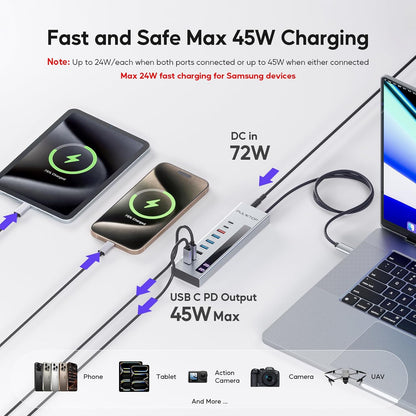 Powered USB C Hub, 10-in-1 USB 3.2 Data Hub with 3 x USB A/C 10Gbps, 3 x USBA 5Gbps, USB A 2.0, 100W PD-in, 2 x 24/45W Type-C Charging Ports (72W Adapter Included)
