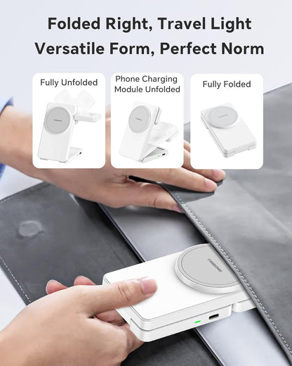 3 in 1 Charging Station for iPhone 16/15/14/13/12 Series, Wireless Charger for Apple Watch，Travel Magnetic Charging Stand for AirPods (White Grey)