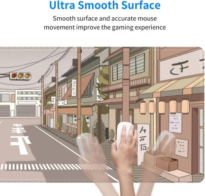 Tokyo Street Anime Kawaii Large Gaming Mousepad XXL Beige Cute Desktop Laptop Keyboard Mouse Mat Desk Pad Big 31.5''x15.7'' with Stitched Edges Non-Slip Rubber Base