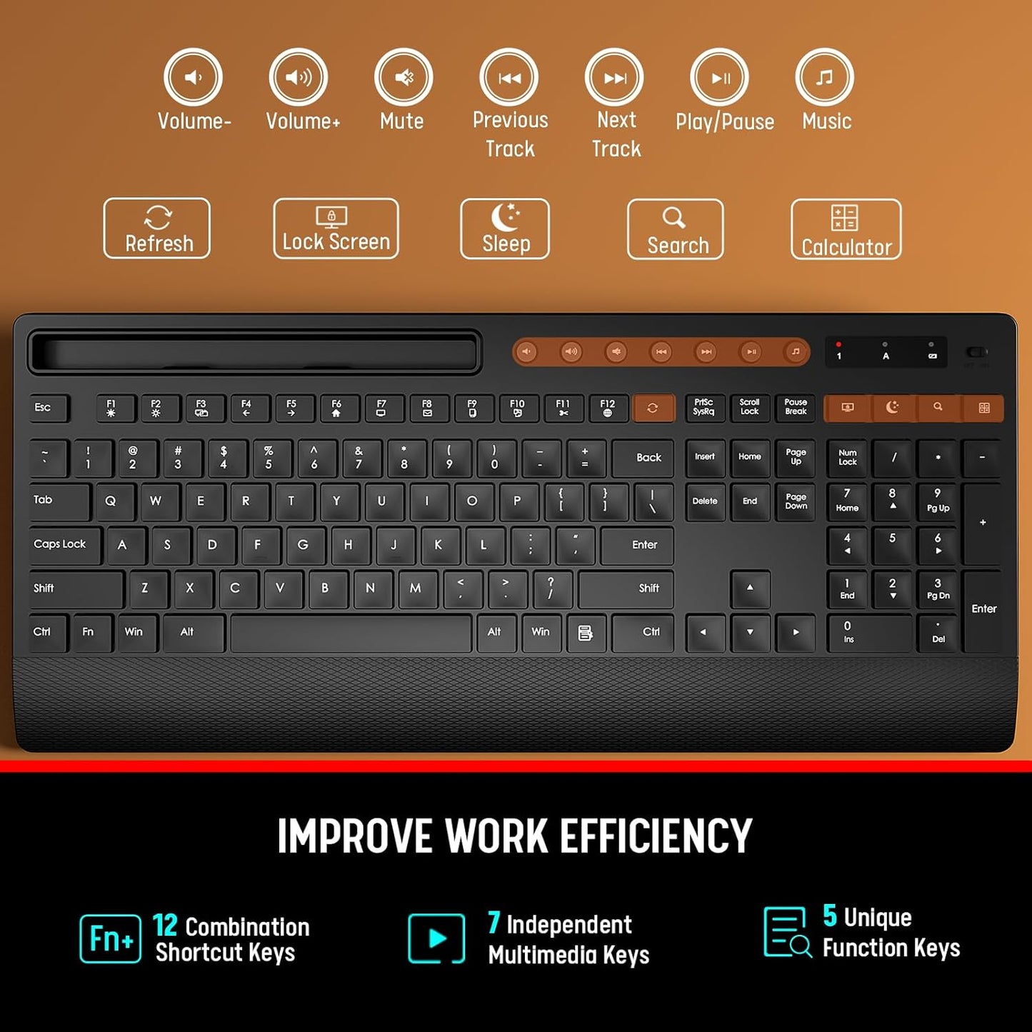 Trueque Wireless Keyboard and Mouse Combo - Full-Size Quiet Keyboard with Palm Rest, Phone Holder, Multimedia Keys, Power Switch, Compatible with Windows, Chrome OS, PC, Laptop (Batteries Included)