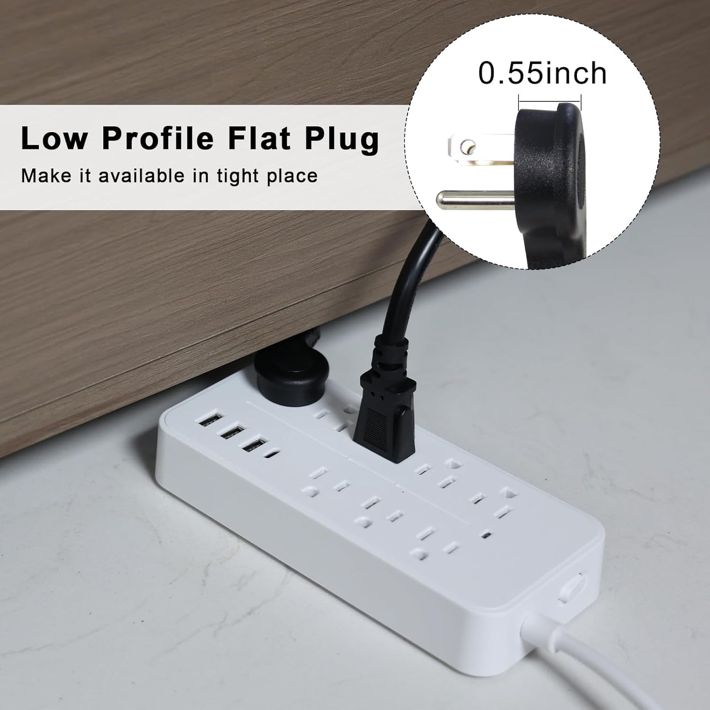 Power Extension Cord Y Splitter - 1FT Right Angled Type Flat Plug NEMA 5-15P 1 to 2 Way Outlet NEMA 5-15R SJT 16AWG 3 Prong Low Profile Black AC Power Cable Wire Extender for Home Office (2-Pack)