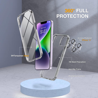Miracase Class Series for iPhone 14 Case 6.1 inch, [Built-in Tempered Glass Screen Protector] [Bubble Free] Full-Body Protective Bumper Phone Case with Camera Lens Protector, Clear