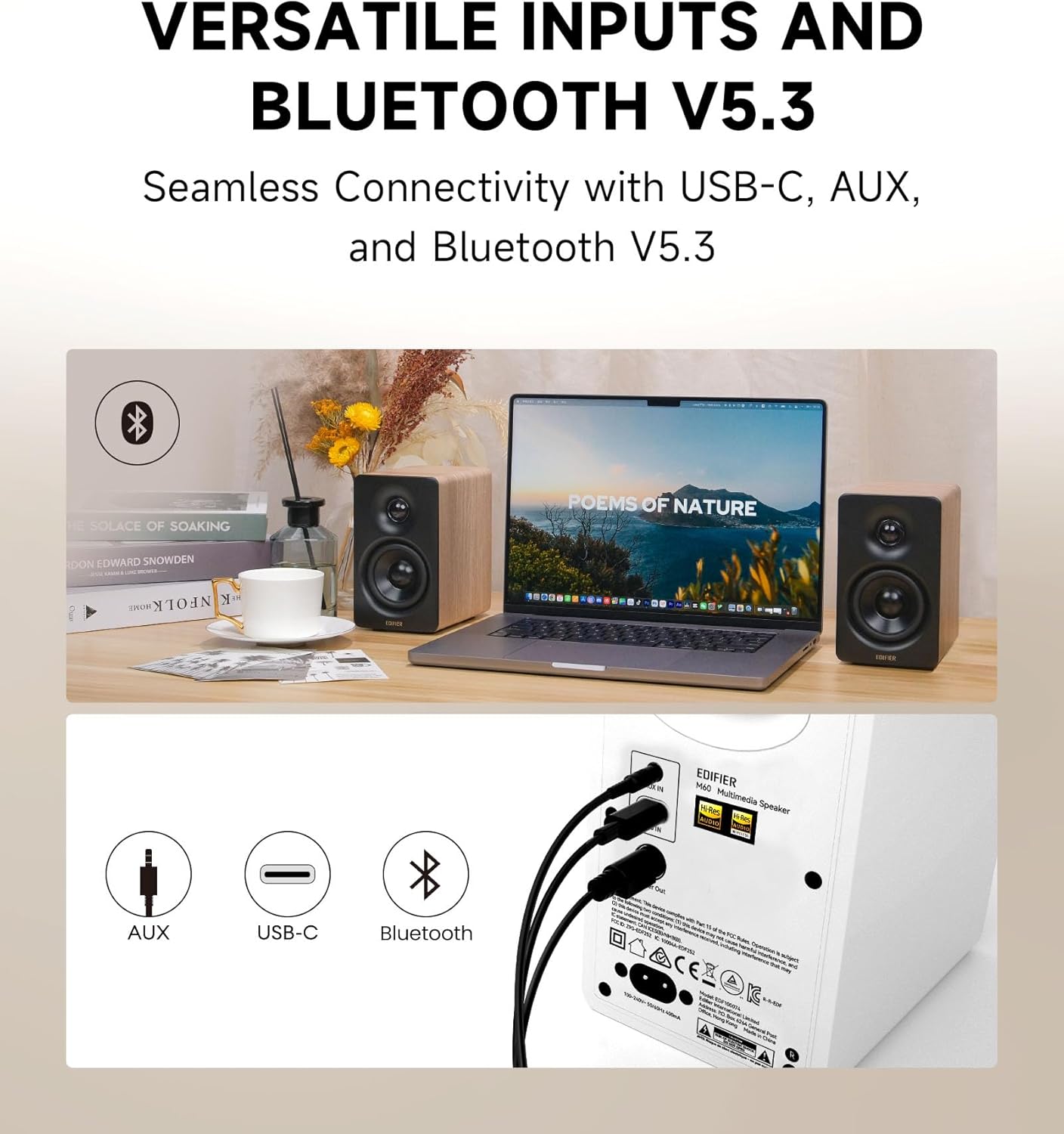 Edifier M60 Multimedia Speaker Bluetooth 5.3, 66W RMS, Hi-Res Audio & Hi-Res Wireless Audio, LDAC,3" Mid Bass & 1" Tweeter, USB-C & Aux Inputs, Compact Desktop Speaker – Classic Oak