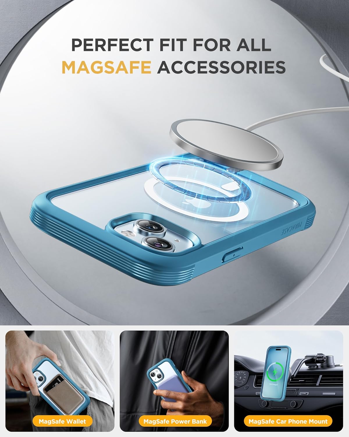 Miracase Glass Series for iPhone 15 Case [Compatible with MagSafe] Full-Body Magnetic Bumper Case with Built-in 9H Tempered Glass Anti-Fingerprint Screen Protector + Camera Lens Protector, Sea Blue