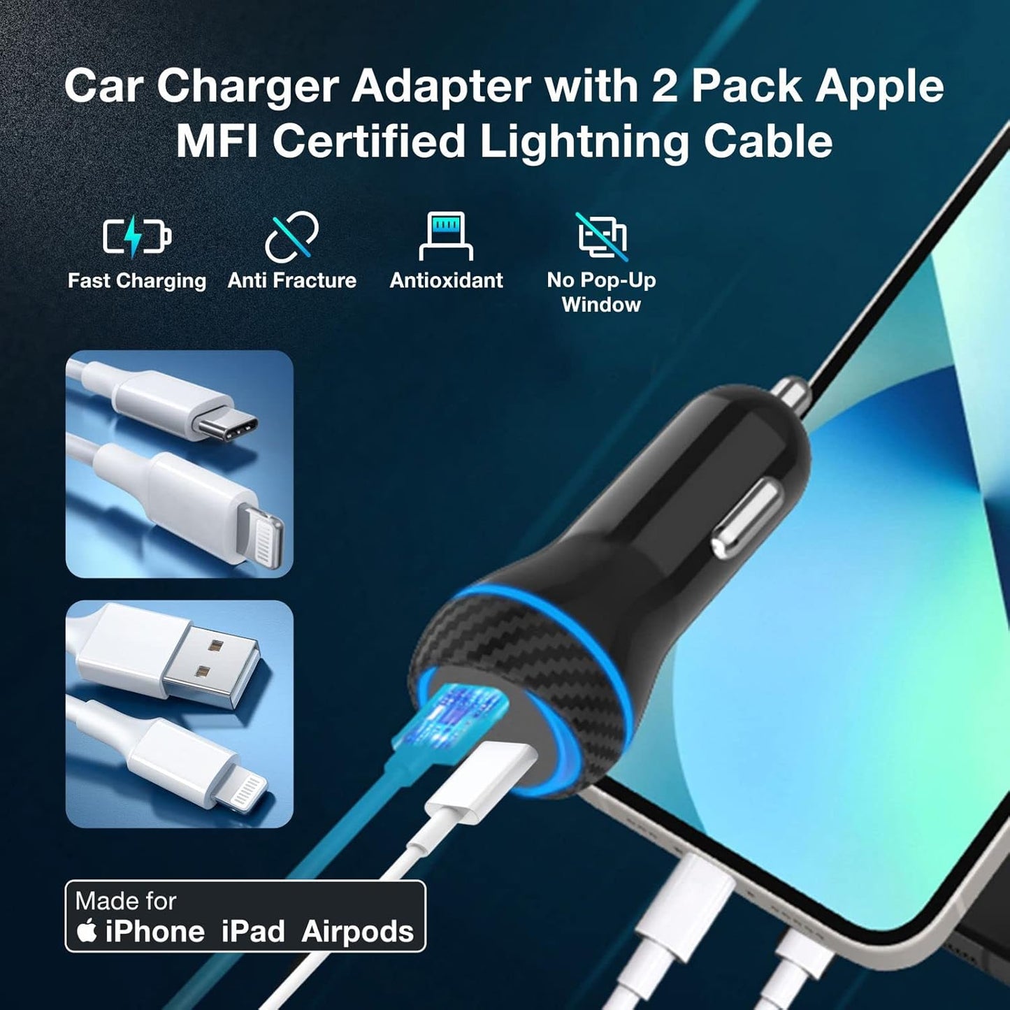 MOCA 51W QC 3.0 Fast Charging W/ 2pcs 3.3ft A-P/C-P Cable Car Charger for iPhone 16/15/14 Pro Max/Plus/16e, iPad, Samsung Galaxy S25/S24/S23 Ultra, Pixel, Android, PD/QC Car Phone Adapter Accessories