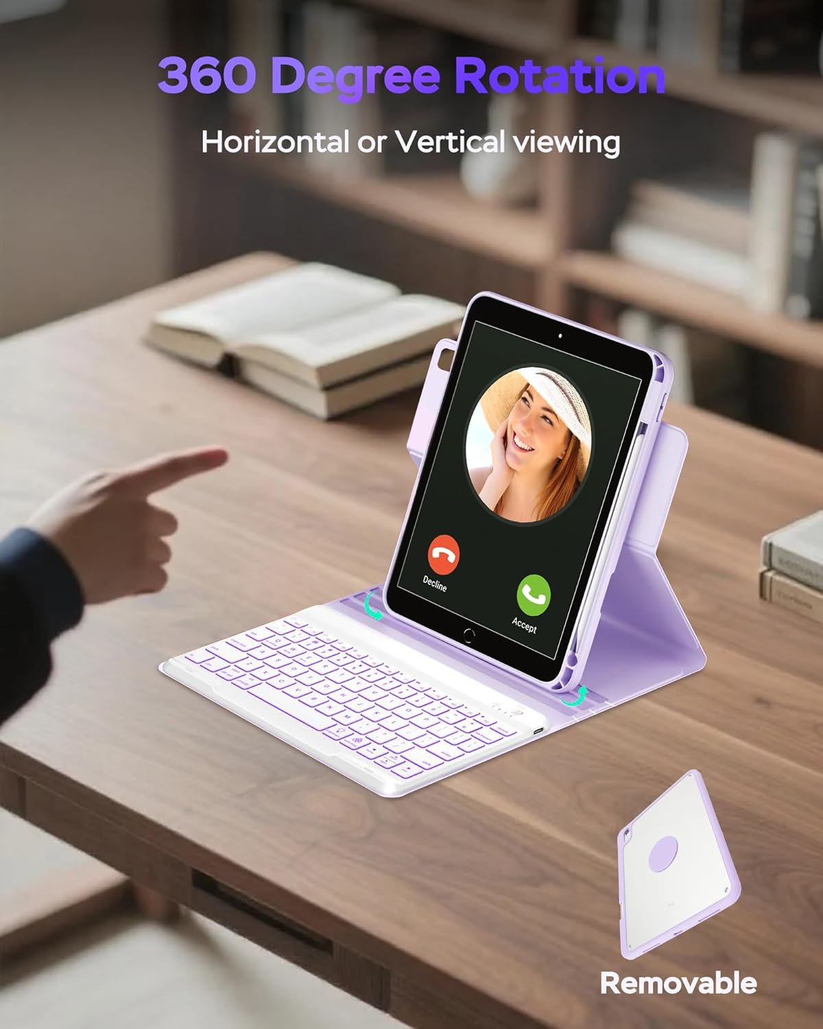 Case for iPad 9th/8th/7th Generation with Keyboard 10.2 Inch,360° Rotatable Magnetic Keyboard Case,Pencil Holder&Grooves Design,7 Color Backlit Detachable Wireless Keyboard(Purple)