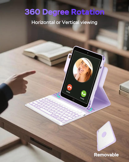 Case for iPad 9th/8th/7th Generation with Keyboard 10.2 Inch,360° Rotatable Magnetic Keyboard Case,Pencil Holder&Grooves Design,7 Color Backlit Detachable Wireless Keyboard(Purple)