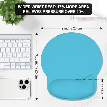 ITNRSIIET Ergonomic Mouse Pad with Wider Memory Foam Wrist Rest +17%, Curved Cushion Reduces Pressure 20%, Pain Relief, Non-Slip, Smooth, Cute Color Desk Accessory, 9.85 x 9 inch, Powder Blue