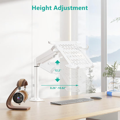 WALI Laptop Tray Desk Mount, Laptop Arm Mount Fits 10-15.6 Inch Notebook, 2-in-1 Gas Spring Monitor Arm for 17-32 Inch Computer Screen, Holds up to 22lbs(GSDM00LPW), White