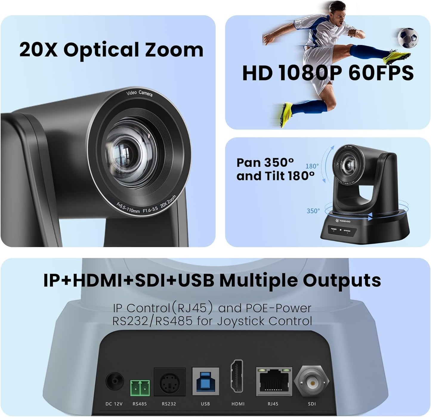 PTZ Camera 20X Optical Zoom HDMI IP Live Streaming SDI USB3.0 1080P 60fps PoE Supports for Church Services Worship Education Video Conference with OBS vMix Wirecast Zoom YouTube and More