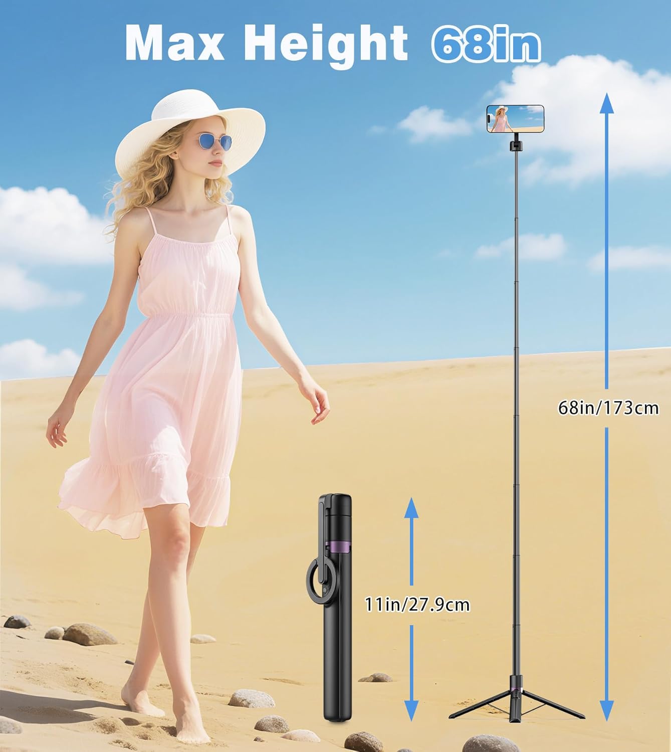 TONEOF 68" Magnetic Selfie Stick Tripod with Aluminum Strong Magnetic Holder for Magsafe, 360° Rotatable Travel Phone Tripod Stand with Metal Ring & Rechargeable Remote for iPhone/Android（Black）