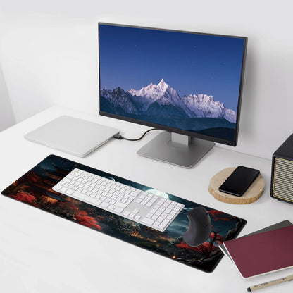 Japanese Full Moon Large Mouse Pad,Gaming Keyboard Desk Pad,Extended Mouse Mat Non-Slip Rubber Base with Stitched Edges for Office Game Home XL 31.5"x11.8"