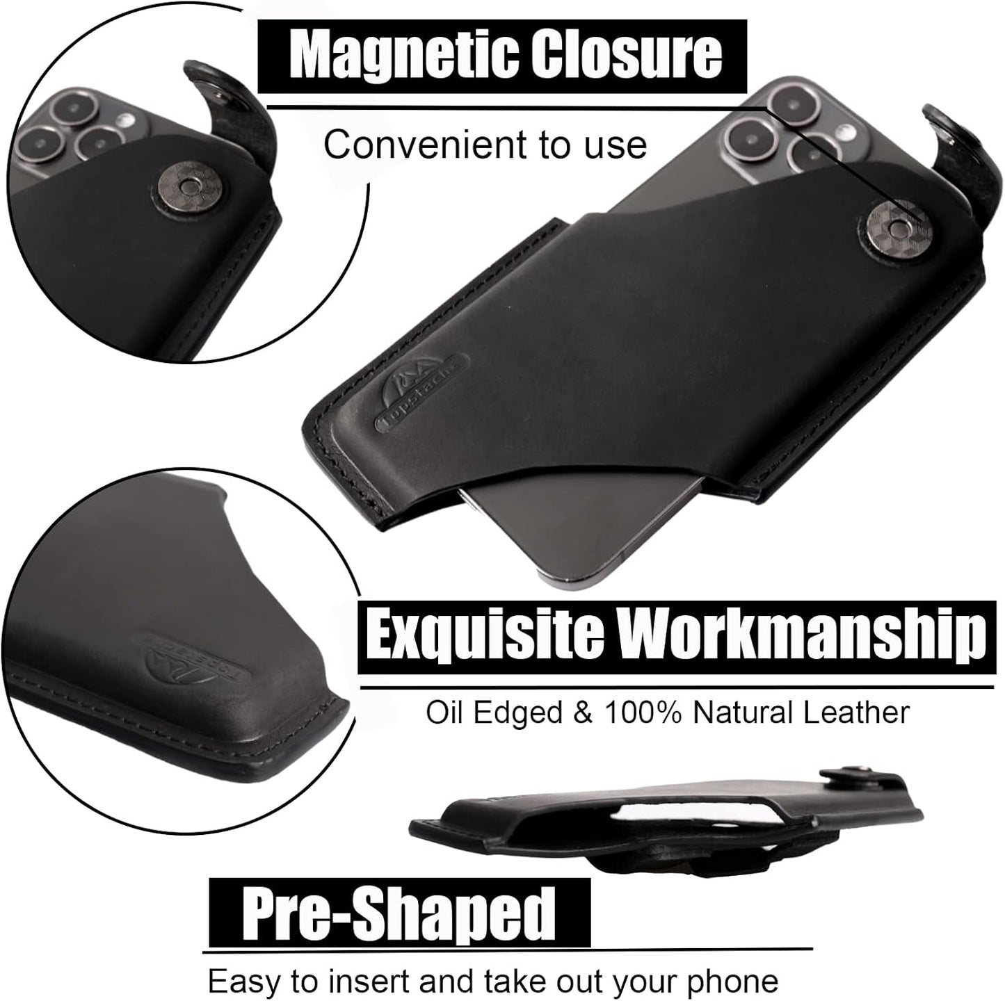 Topstache Leather Phone Holster with Magnetic Closure, Belt Clip Loop Case for iPhone & Samsung, Black, Medium