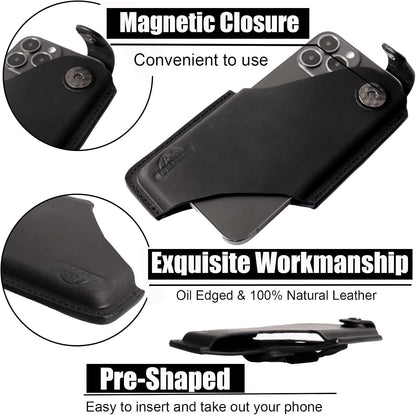 Topstache Leather Phone Holster with Magnetic Closure, Belt Clip Loop Case for iPhone & Samsung, Black, Medium