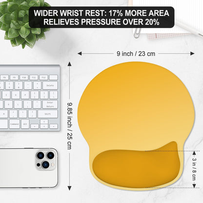 ITNRSIIET Ergonomic Mouse Pad with Wider Memory Foam Wrist Rest +17% - Curved Cushion Reduces Pressure 20%, Pain Relief, Non-Slip, Smooth, Cute Colors, 9.85 x 9 in, Yellow Gradient
