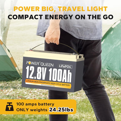 Power Queen 12.8V 100Ah LiFePO4 Battery with 14.6V 20A LiFePO4 Battery Charger; Built-in 100A BMS, Fast and Fully Charged, 4000+ Cycles, Perfect for RV, Trailer, Camping, Solar System