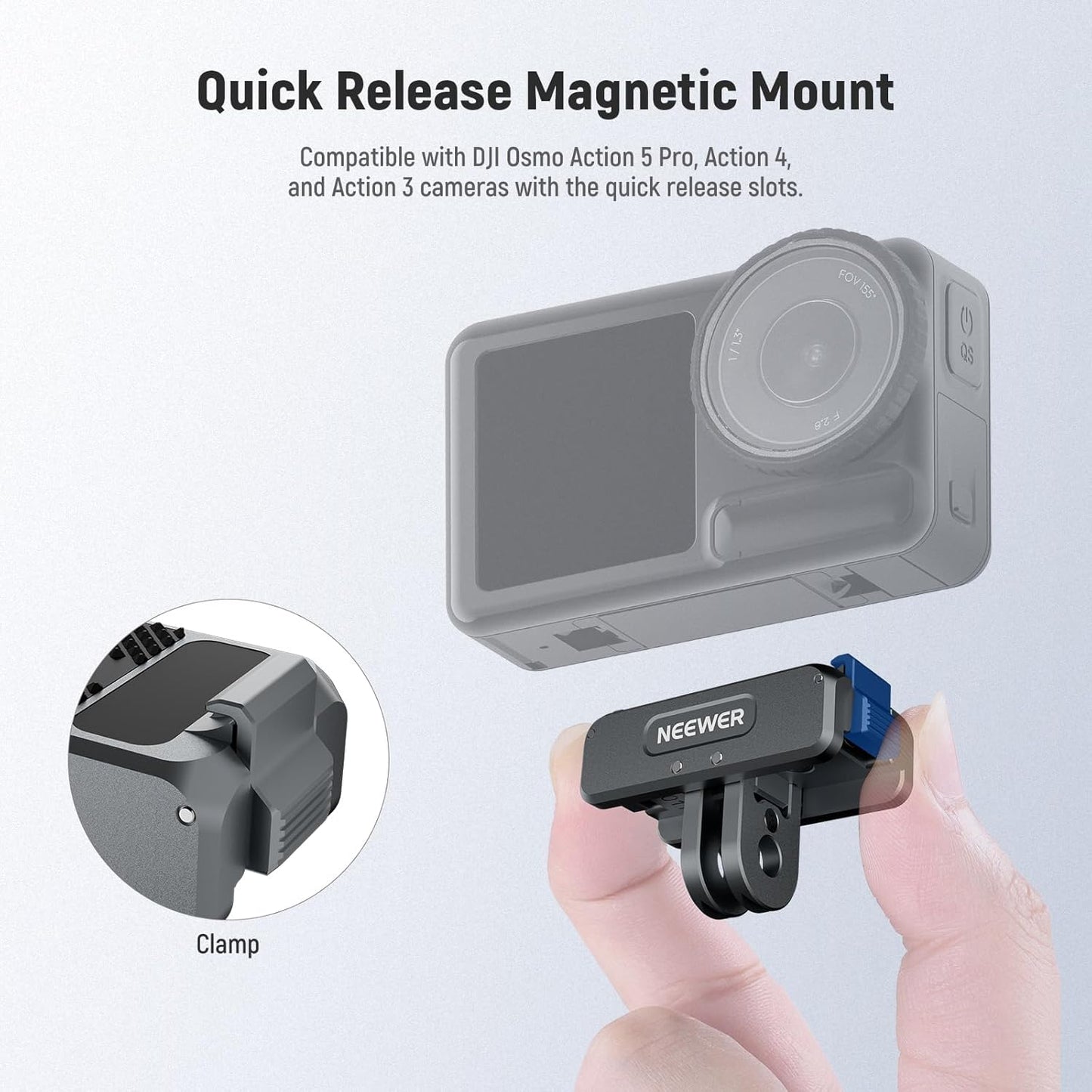 NEEWER Upgraded Magnetic Mount Adapter Compatible with DJI Osmo 360 / Action 5 Pro/4/3, Quick Release Action Camera Mount Vlogging Accessories with 1/4" Tripod Thread, AC011 Dark Gray