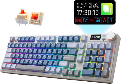 iRocks K85R Wireless RGB Backlit Mechanical Gaming Keyboard with LCD Display, Hot-Swappable Pre-lubed Brown Switches, 98 PBT Keys, USB-C Detachable Cable (Aurora Blue, Bubble Switch)