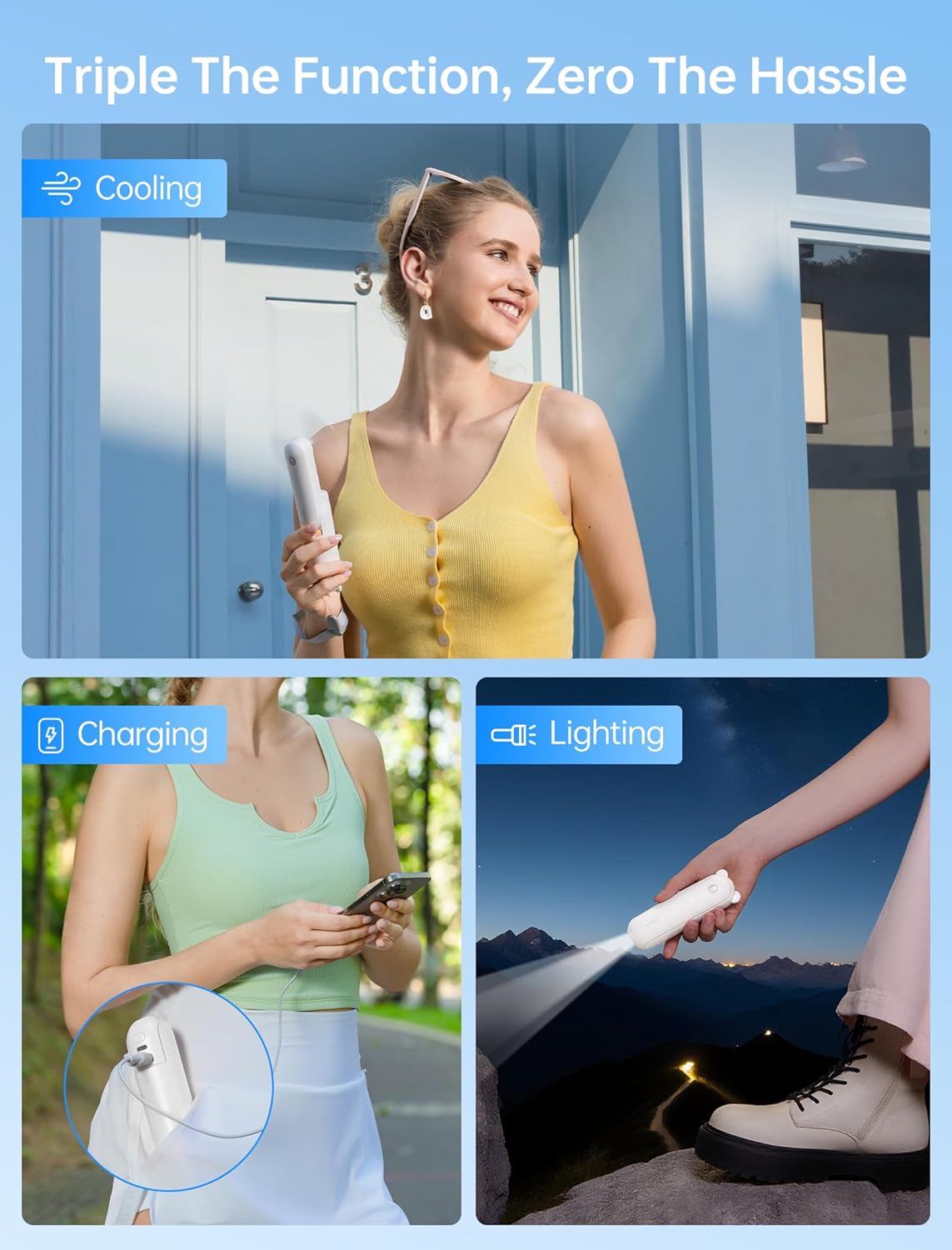 JISULIFE Handheld Mini Fan, 3 IN 1 USB Rechargeable Portable Fan [12-19 Working Hours] with Power Bank, Flashlight, Pocket Design for Travel/Summer/Concerts/Lash, Gifts for Women (White)