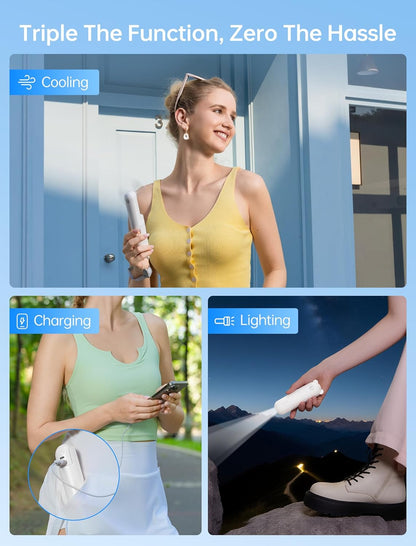 JISULIFE Handheld Mini Fan, 3 IN 1 USB Rechargeable Portable Fan [12-19 Working Hours] with Power Bank, Flashlight, Pocket Design for Travel/Summer/Concerts/Lash, Gifts for Women (White)
