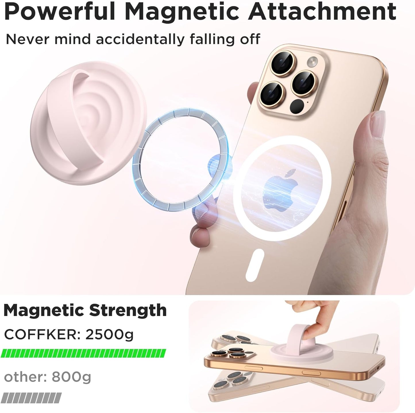 Magnetic Phone Ring Grip Holder, Silicone Finger Loop Grip, Compatible with MasSafe, Back of Phone for iPhone Pro Max/Plus/16/15/15/14/13/12 Series, Lovely Pink