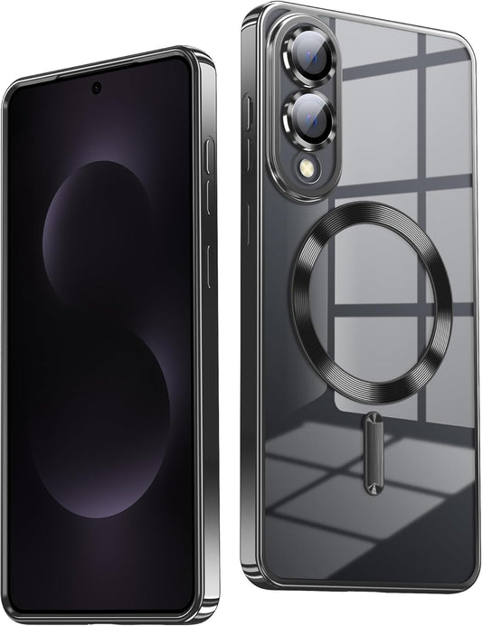 Slim Thin for Samsung Galaxy S25 Edge Case, Compatible with MagSafe, Built-in Camera Lens Protector, Shockproof Protective Phone Case, Soft Electroplated Clear Cover, Black