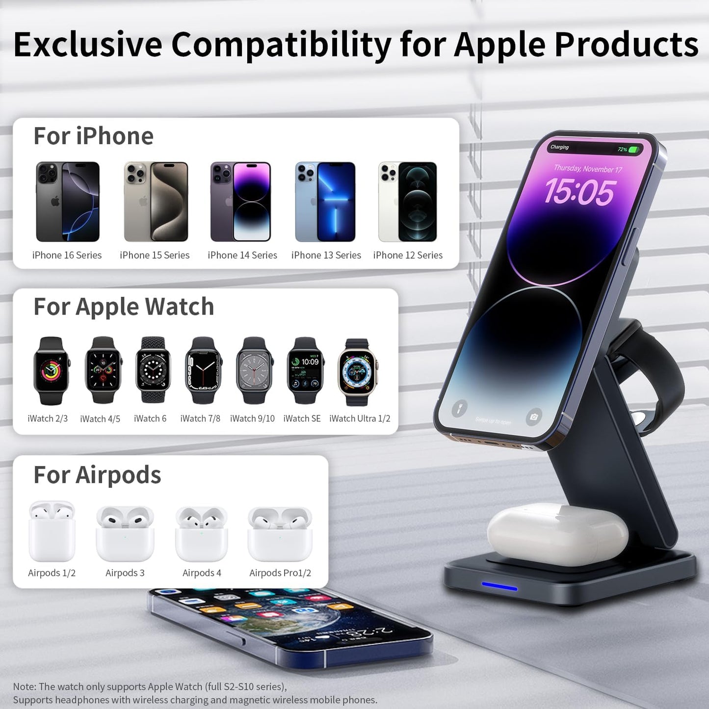 3 in 1 Magnetic Wireless Charger Station for iPhone 16/15/14/13/12 Series Mag-Safe Charging Station for Apple Watch Series 10-2/Ultra2/1/SE Foldable Wireless Charger for AirPods 4 3 2 1 Pro