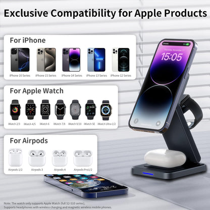 3 in 1 Magnetic Wireless Charger Station for iPhone 16/15/14/13/12 Series Mag-Safe Charging Station for Apple Watch Series 10-2/Ultra2/1/SE Foldable Wireless Charger for AirPods 4 3 2 1 Pro