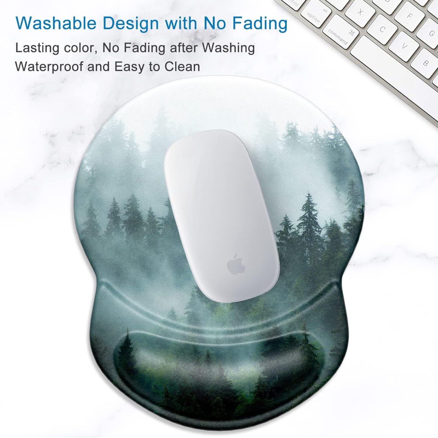 ITNRSIIET Ergonomic Mouse Pad with Gel Wrist Support Small Wrist Rest Smooth Surface Non-Slip PU Base Comfortable Office Supplies Pain Relief, 8.7 x 7.2 inches, Fog Forest