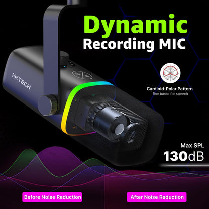 IXTECH Gaming USB Microphone for PC, Noise Cancellation Condenser Mic for Podcasts and Video Streaming with Tripod Stand, Pop Filter, Shock Mount, Gain Control, RGB Lights, Quiet Mute Button (Black)